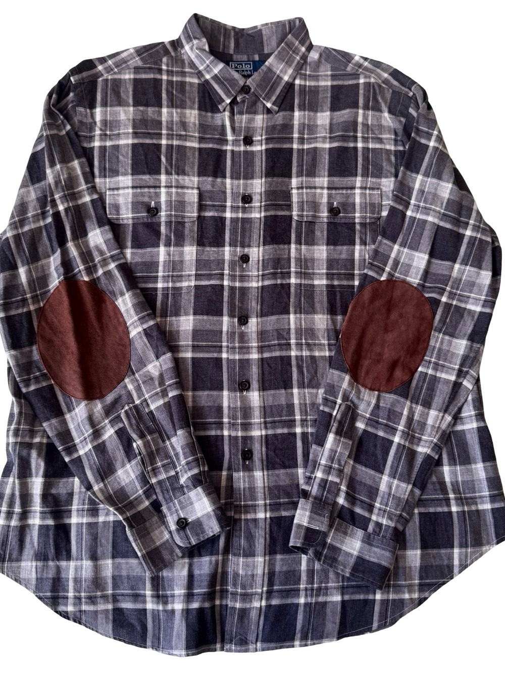 Polo Ralph Lauren Men's Gray Plaid Elbow Patch Long Sleeve Button-Up Size XL